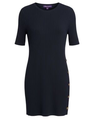 NWOT Ralph Lauren Purple Label Navy Ribbed Short Sleeve Midi Dress Side Buttons